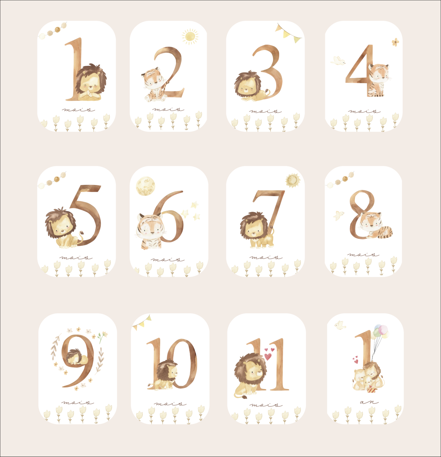 Baby milestone cards - First year - Tiger and Lion