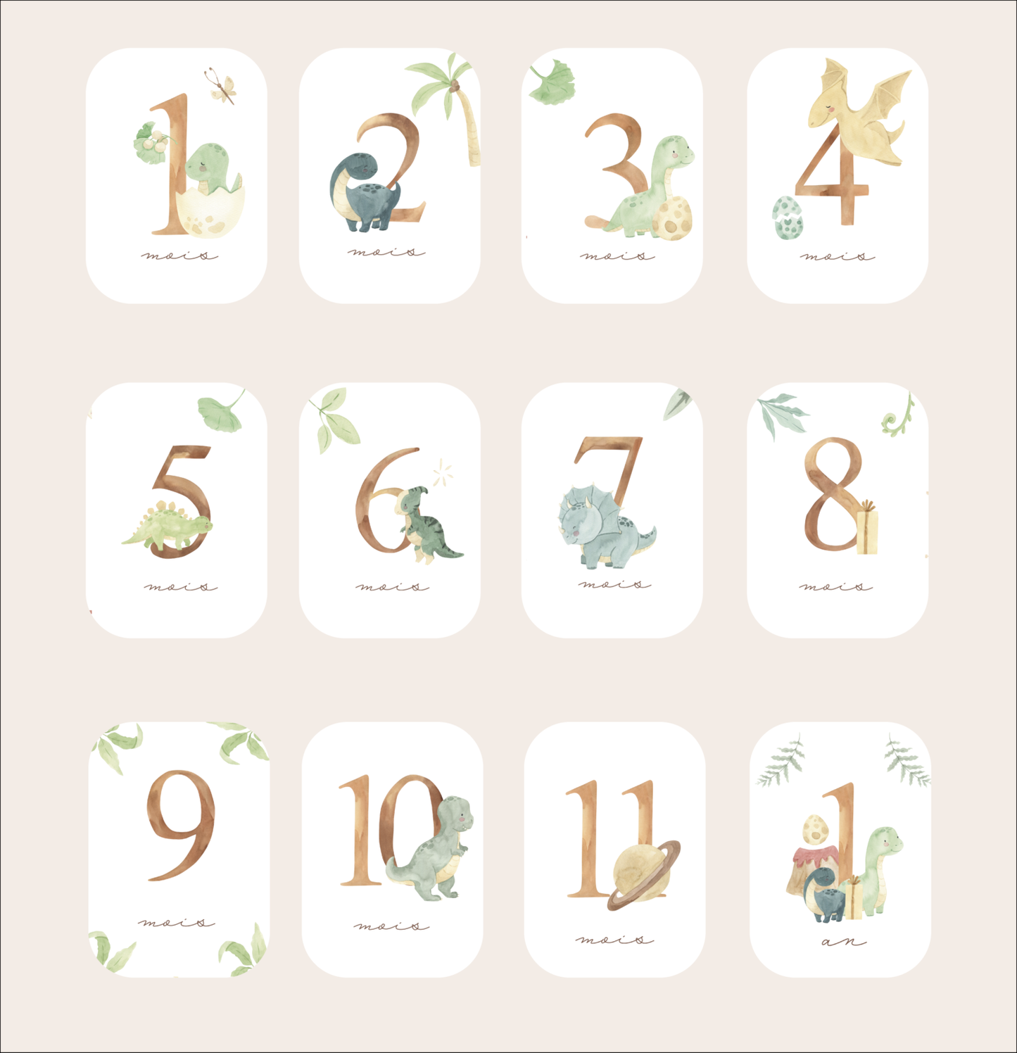 Baby milestone cards - First year - Dinosaur