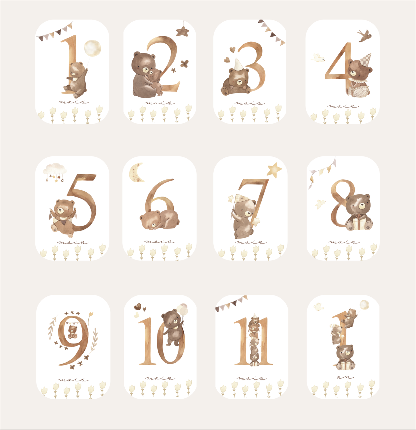 Baby milestone cards - First year - Teddy bears