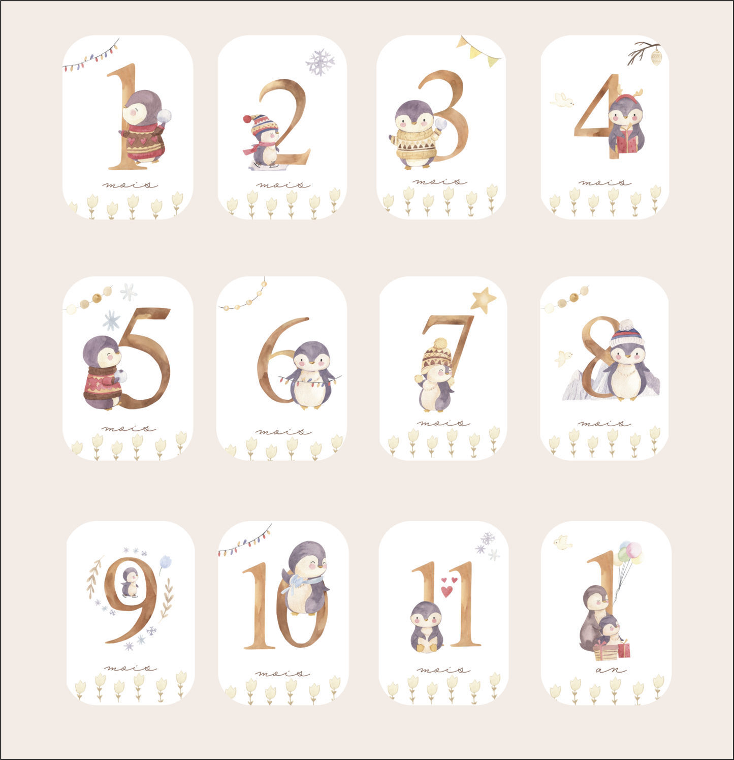 Baby Milestone Cards - First Year - Penguins