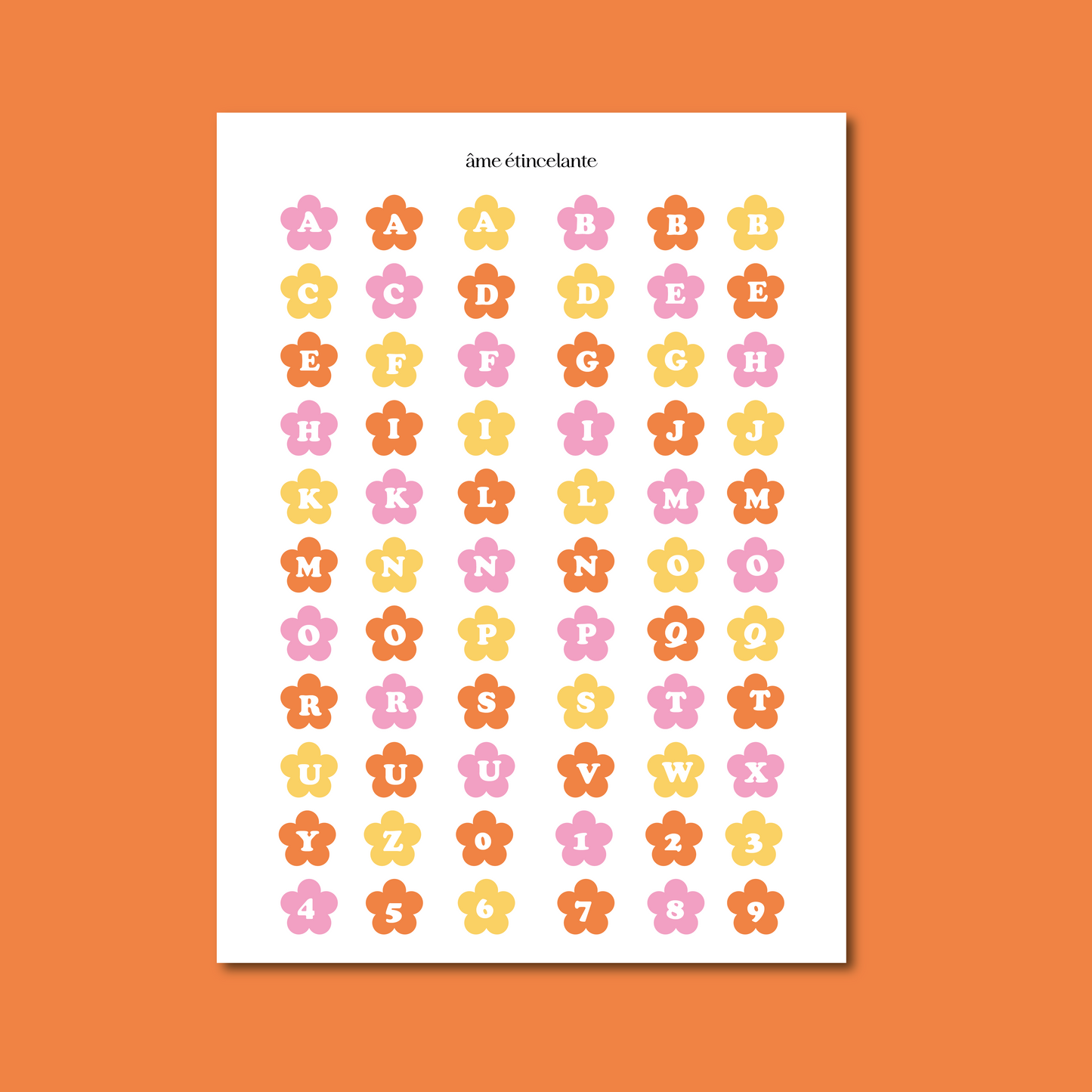 Planche de stickers - alphabet fleurs multicolores