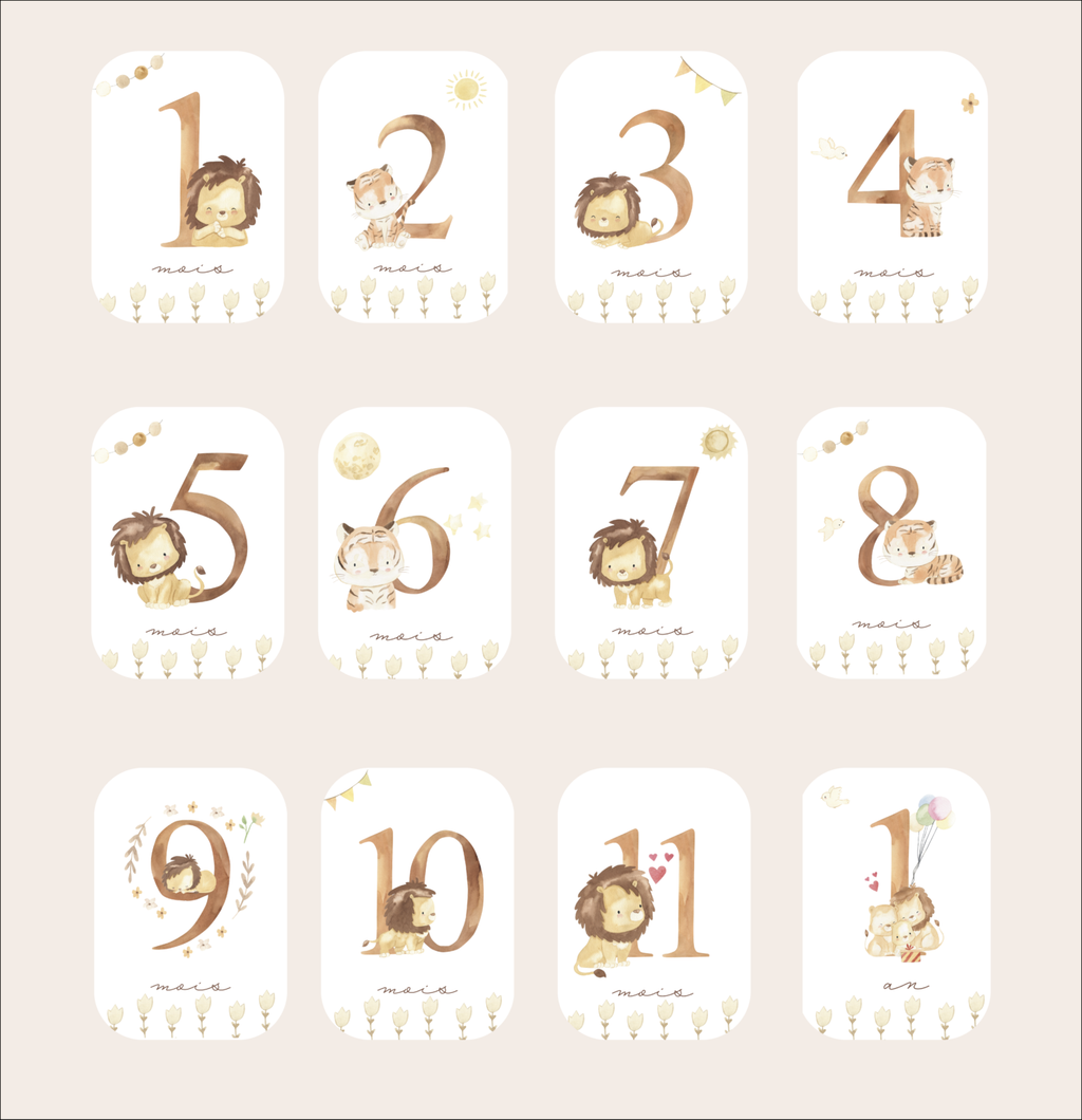 Baby milestone cards - First year - Tiger and Lion