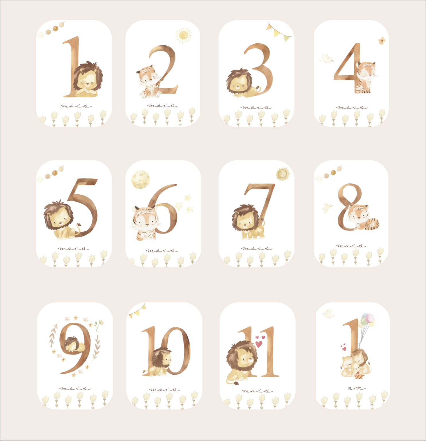 Baby milestone cards - First year - Tiger and Lion