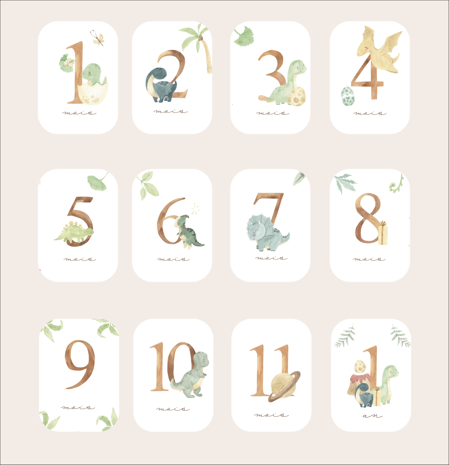 Baby milestone cards - First year - Dinosaur