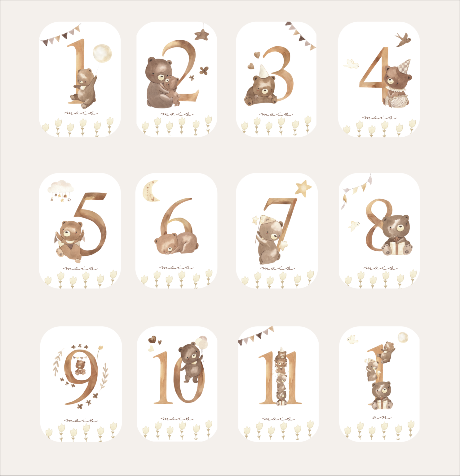 Baby milestone cards - First year - Teddy bears
