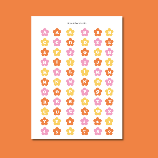 Planche de stickers - alphabet fleurs multicolores